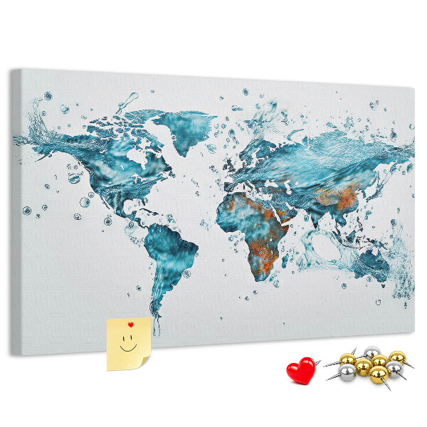 Bacheca in sughero con stampa a mappa del mondo ad acquerello