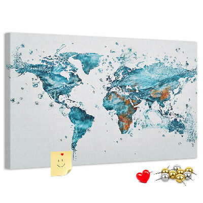 Bacheca in sughero con stampa a mappa del mondo ad acquerello
