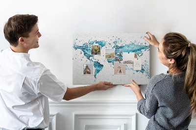 Bacheca in sughero con stampa a mappa del mondo ad acquerello