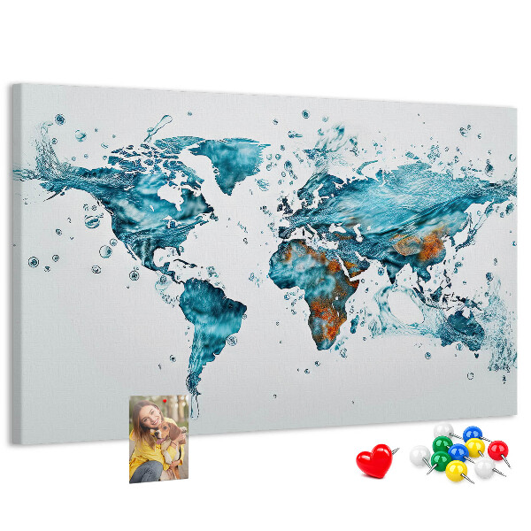Bacheca in sughero con stampa a mappa del mondo ad acquerello
