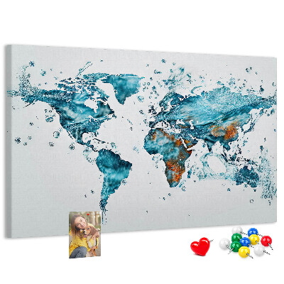 Bacheca in sughero con stampa a mappa del mondo ad acquerello