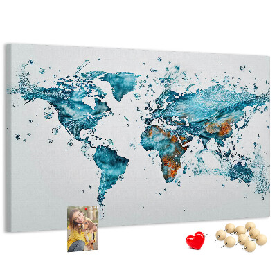 Bacheca in sughero con stampa a mappa del mondo ad acquerello