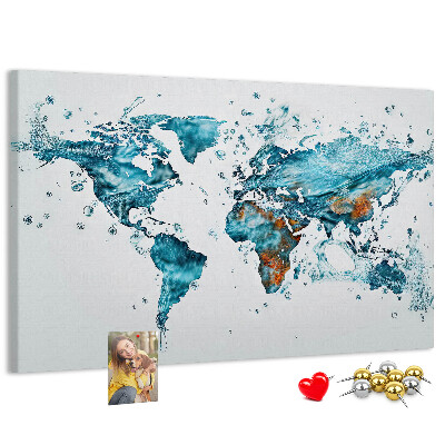 Bacheca in sughero con stampa a mappa del mondo ad acquerello