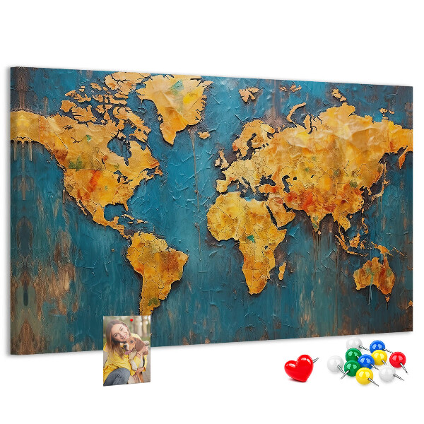 Bacheca in sughero mappa del mondo sui toni caldi del marrone