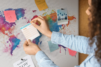 Bacheca in sughero mappa del mondo con design ad acquerello dai colori vivaci