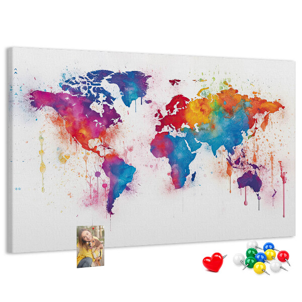Bacheca in sughero mappa del mondo con design ad acquerello dai colori vivaci