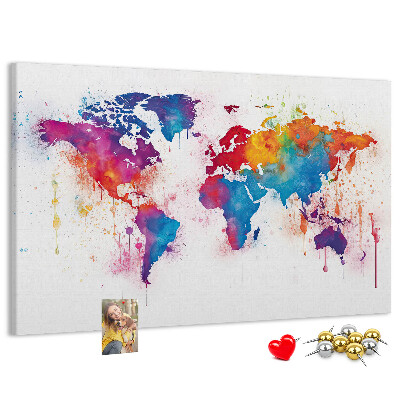 Bacheca in sughero mappa del mondo con design ad acquerello dai colori vivaci