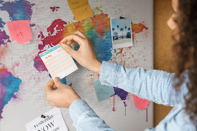 Bacheca in sughero mappa del mondo con design ad acquerello dai colori vivaci