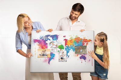 Bacheca in sughero mappa del mondo con design ad acquerello dai colori vivaci