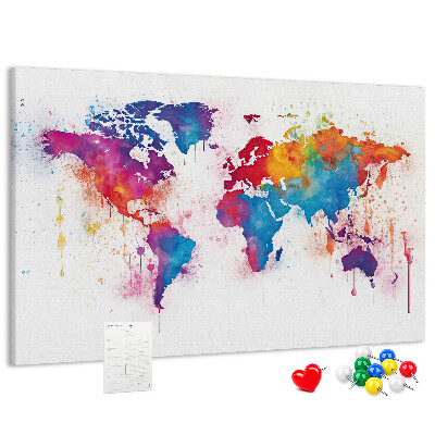 Bacheca in sughero mappa del mondo con design ad acquerello dai colori vivaci