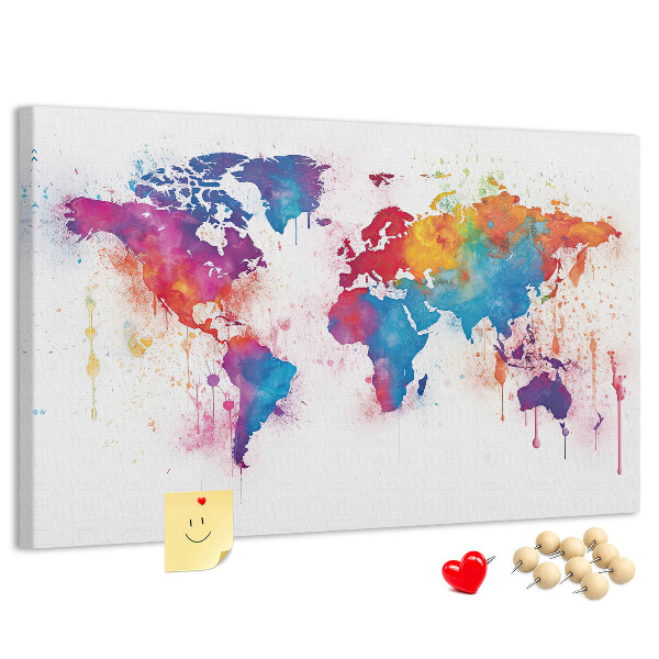 Bacheca in sughero mappa del mondo con design ad acquerello dai colori vivaci