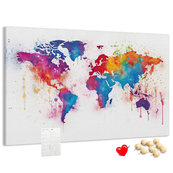 Bacheca in sughero mappa del mondo con design ad acquerello dai colori vivaci