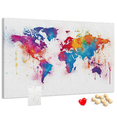 Bacheca in sughero mappa del mondo con design ad acquerello dai colori vivaci