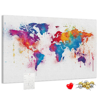 Bacheca in sughero mappa del mondo con design ad acquerello dai colori vivaci