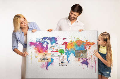 Bacheca in sughero mappa del mondo con design ad acquerello dai colori vivaci