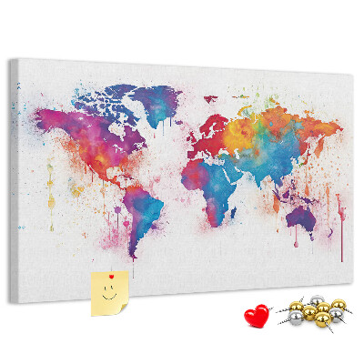 Bacheca in sughero mappa del mondo con design ad acquerello dai colori vivaci
