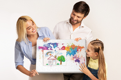 Bacheca in sughero mappa del mondo con design ad acquerello dai colori vivaci