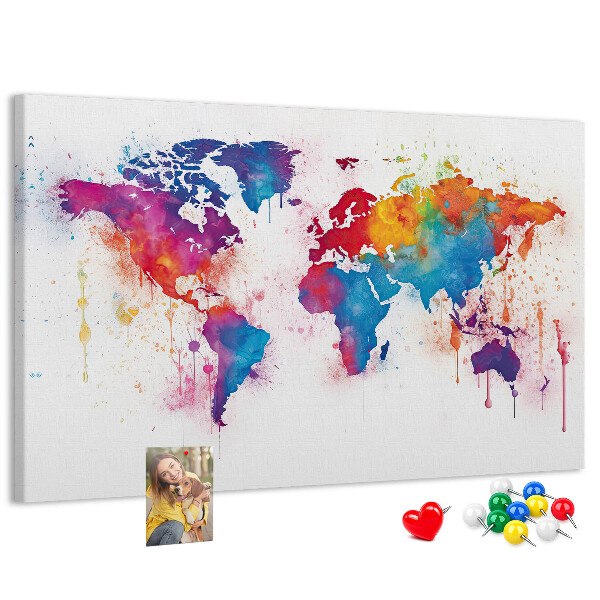 Bacheca in sughero mappa del mondo con design ad acquerello dai colori vivaci