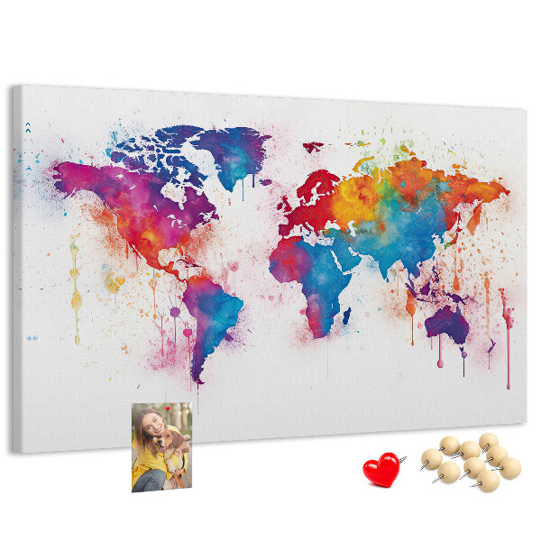 Bacheca in sughero mappa del mondo con design ad acquerello dai colori vivaci