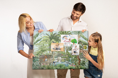 Lavagna di sughero con stampa di foresta tropicale con animali e uccelli selvatici