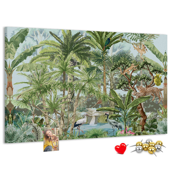 Lavagna di sughero con stampa di foresta tropicale con animali e uccelli selvatici