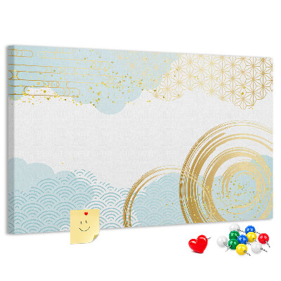 Bacheca in sughero con stampa spirali dorate su sfondo blu