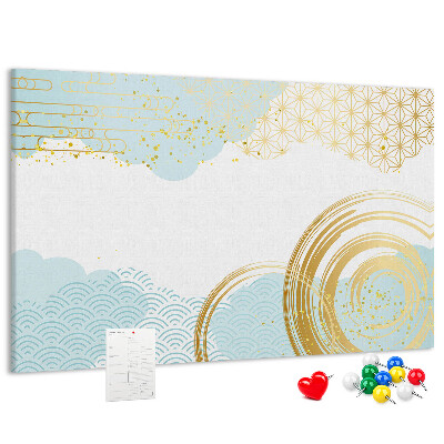 Bacheca in sughero con stampa spirali dorate su sfondo blu