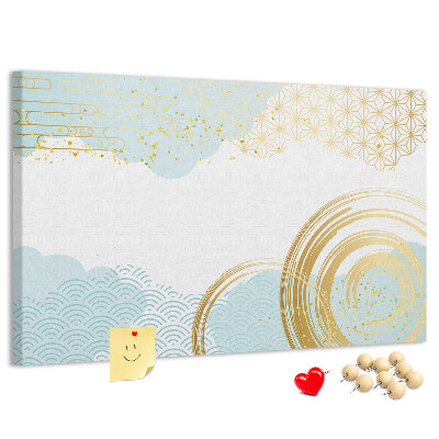 Bacheca in sughero con stampa spirali dorate su sfondo blu
