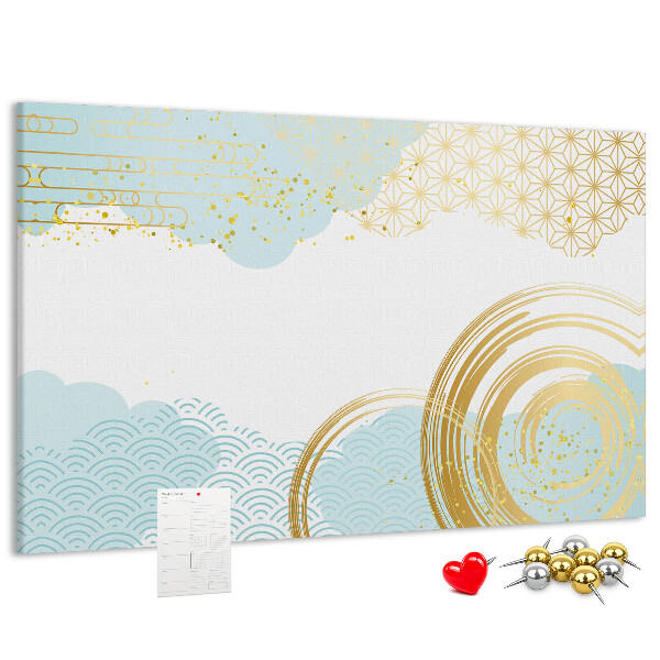 Bacheca in sughero con stampa spirali dorate su sfondo blu