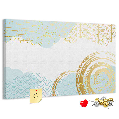 Bacheca in sughero con stampa spirali dorate su sfondo blu