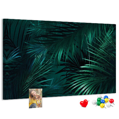 Bacheca in sughero con stampa di foglie tropicali in diverse tonalità di verde