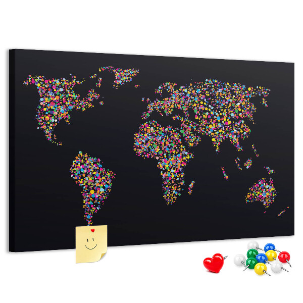 Bacheca in sughero mappa del mondo colorata con cuori