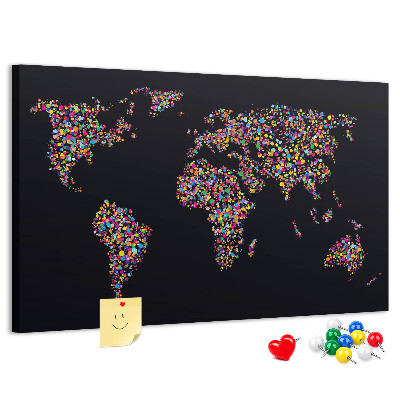 Bacheca in sughero mappa del mondo colorata con cuori