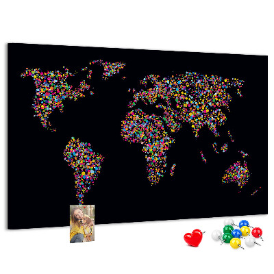 Bacheca in sughero mappa del mondo colorata con cuori