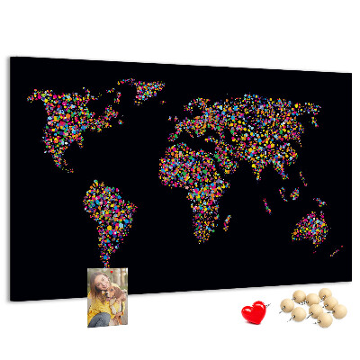 Bacheca in sughero mappa del mondo colorata con cuori