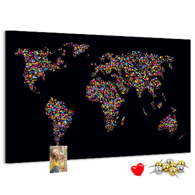 Bacheca in sughero mappa del mondo colorata con cuori