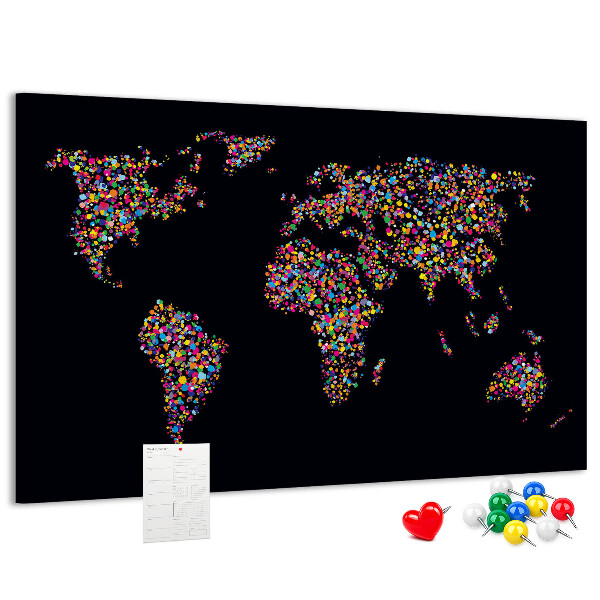 Bacheca in sughero mappa del mondo colorata con cuori