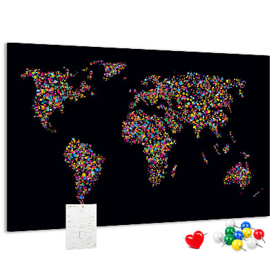 Bacheca in sughero mappa del mondo colorata con cuori