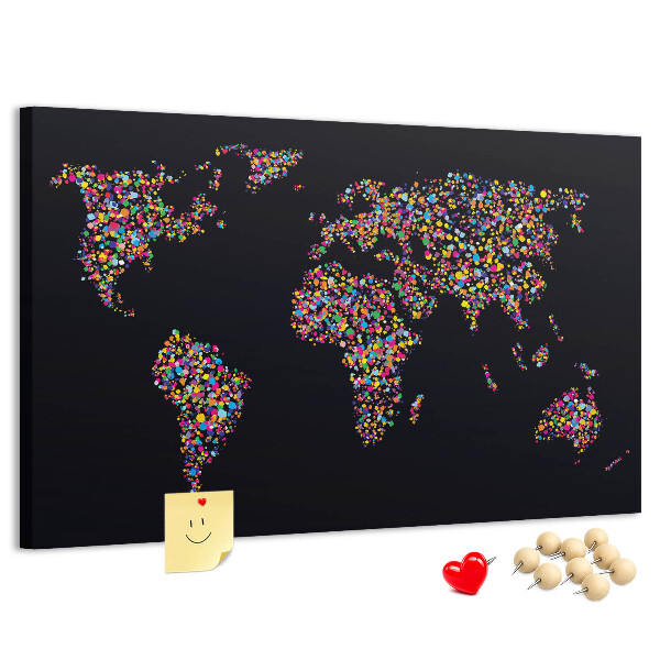 Bacheca in sughero mappa del mondo colorata con cuori