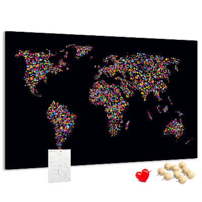 Bacheca in sughero mappa del mondo colorata con cuori