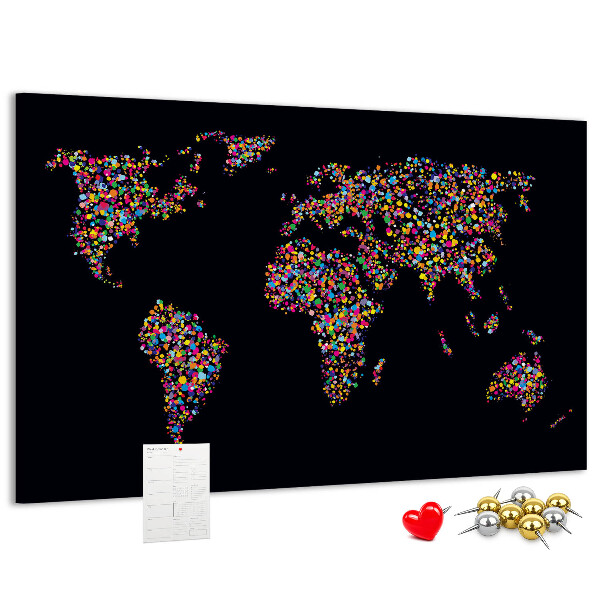 Bacheca in sughero mappa del mondo colorata con cuori