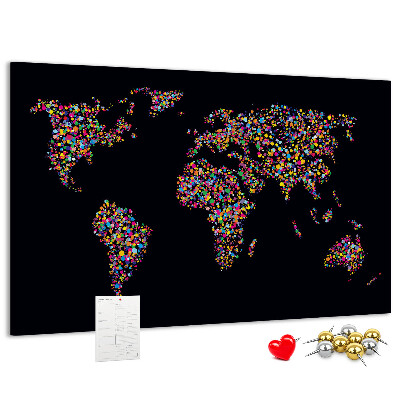 Bacheca in sughero mappa del mondo colorata con cuori