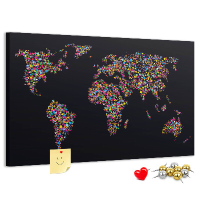 Bacheca in sughero mappa del mondo colorata con cuori