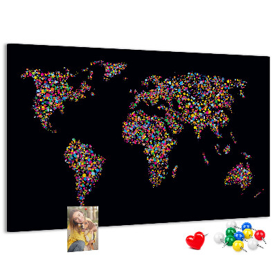 Bacheca in sughero mappa del mondo colorata con cuori