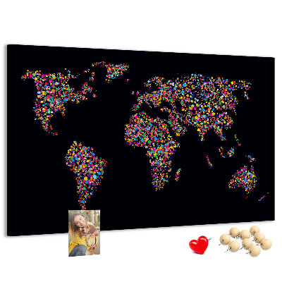 Bacheca in sughero mappa del mondo colorata con cuori