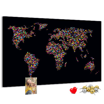 Bacheca in sughero mappa del mondo colorata con cuori