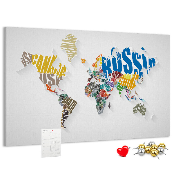 Mappa del mondo a colori con nomi dei paesi lavagna in sughero