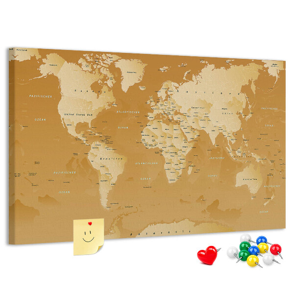Bacheca in sughero mappa del mondo nei toni del marrone