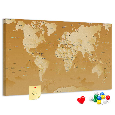 Bacheca in sughero mappa del mondo nei toni del marrone