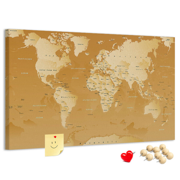 Bacheca in sughero mappa del mondo nei toni del marrone